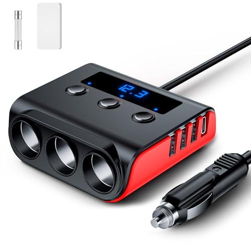 7 in 1 Cigarette Lighter Splitter, SONRU 3 Sockets Cigarette Lighter Splitter with PD Ports 3 Fast Charging USB Ports, 120W 12V/24V DC Independent Power Switches & LED Voltage Display - color: Red