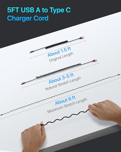 USB C Cable Fast Charging, 2Pack 5ft Coiled USB A to USB C Cable for Car - color: Rose Red, size: 5FT, style: USB A to USB C