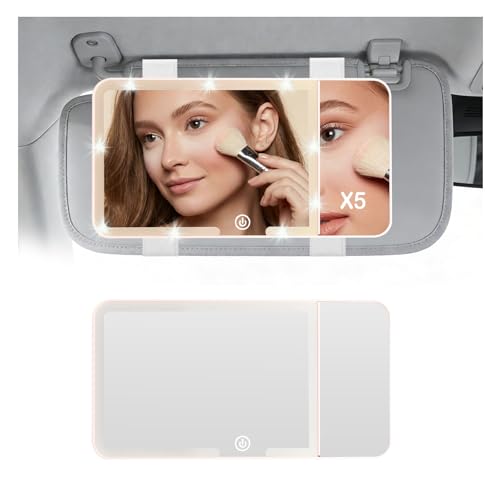2026 New HD Car Mirror Vanity with Light,Adjustable Car Visor Mirror with 3 Color Modes & 5X Magnification,Rechargeable Touch Control LED Cars Makeup Mirrors for Women (Pink) - color: Pink