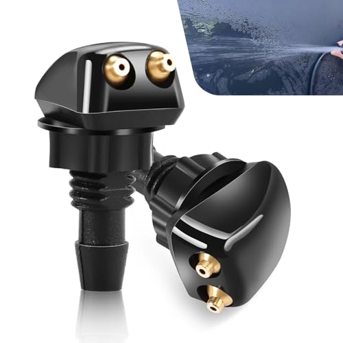 2 PCS Car Double Hole Straight Column Front Windshield Water Spray Nozzle, 1.14" x 0.71" Adjustable Powerful Jet Wiper Cleaning Nozzle, 0.31" Connector with Plastic Nut, for Cars (Black)