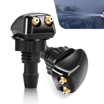 2 PCS Car Double Hole Straight Column Front Windshield Water Spray Nozzle, 1.14" x 0.71" Adjustable Powerful Jet Wiper Cleaning Nozzle, 0.31" Connector with Plastic Nut, for Cars (Black)