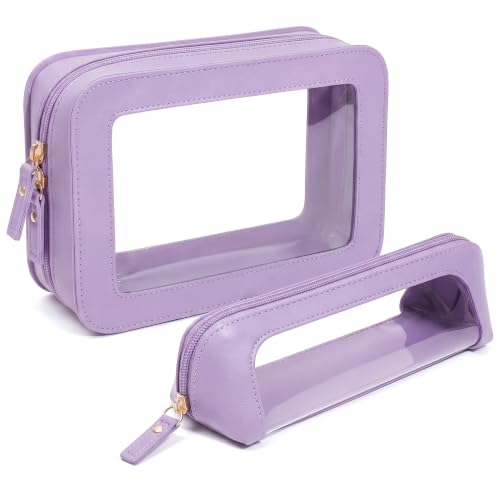 LETGO Makeup Bag Set Cosmetic Pouch for Women Waterproof PU Leather,Travel Toiletry Bag Cute Makeup Organizer Purse Pouch Preppy Pencil Case with Zipper (2Pack-Standard&Slim, Purple) - color: Purple, style: 2pack-standard&slim