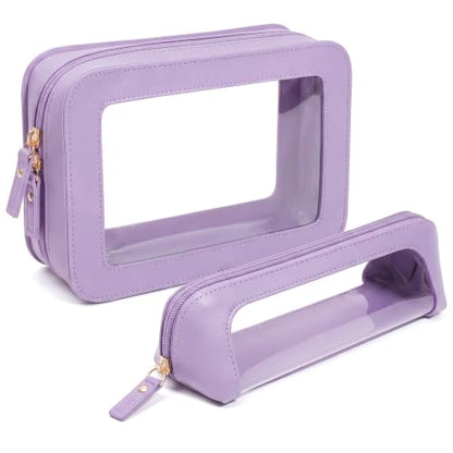 LETGO Makeup Bag Set Cosmetic Pouch for Women Waterproof PU Leather,Travel Toiletry Bag Cute Makeup Organizer Purse Pouch Preppy Pencil Case with Zipper (2Pack-Standard&Slim, Purple) - color: Purple, style: 2pack-standard&slim