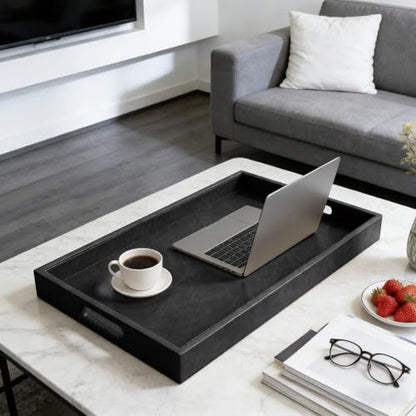 30 x 24 inches Rectangle Leather Ottoman Serving Tray with Hole Handles, Extra Large Modern Service Tray for Living Room, Coffee Table, Bed, Tea, Food, Countertop, Kitchen, Dinner, Picnic (Black) - color: Black, size: 30" x 24" x 2"
