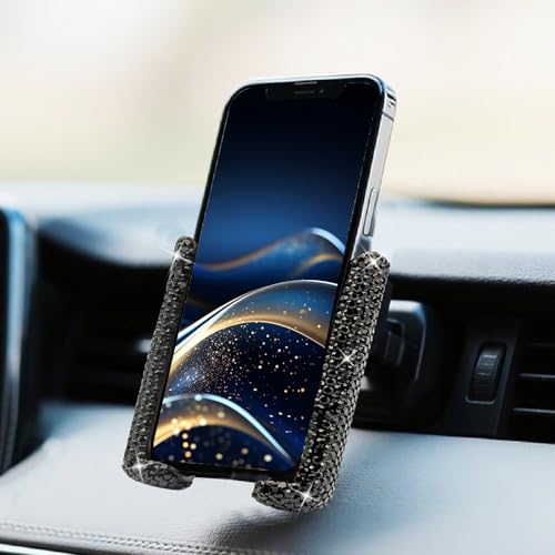 Bling Rhinestone Car Phone Holder, Mini Universal 360° Adjustable Auto Mount For Dash & Air Vent, Crystal Car Accessories For Women & Girls (Black) - color: Black