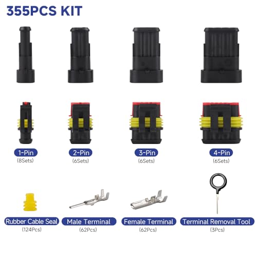 355Pcs 26 Sets Waterproof Automotive Wire Connectors - 1/2/3/4 Pin Connectors Male and Female for Cars Motorcycles & Boats - 22-16 AWG