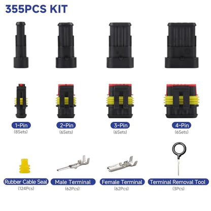 355Pcs 26 Sets Waterproof Automotive Wire Connectors - 1/2/3/4 Pin Connectors Male and Female for Cars Motorcycles & Boats - 22-16 AWG