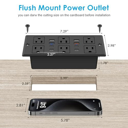 Recessed Power Strip with PD 30W Fast Charging - size: 6 FT
