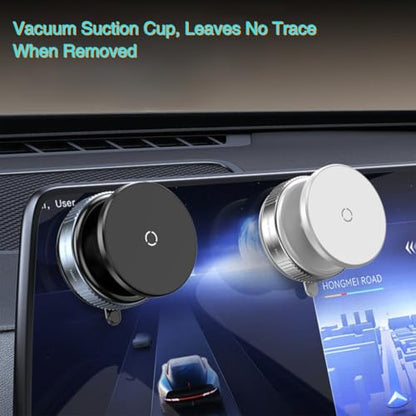 Magnetic Vaccum Car Phone Holder, Enlarged Suction Cup for Smooth Surfaces (Dashboard/Mirror/Glass), Adjustable Car Mount Stand with Metal Ring for iPhone 12-16&Other Phones, Hands-Free, Black