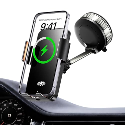 Car Phone Holder Charger, 15W Wireless Car Charger with Auto Clamp & Smart Sensor, Rotating Vacuum Suction Cup Dashboard/Windshield Phone Mount, 360° Adjustable Car Mount for iPhone, Samsung, Black - size: for General Suction Cup PM