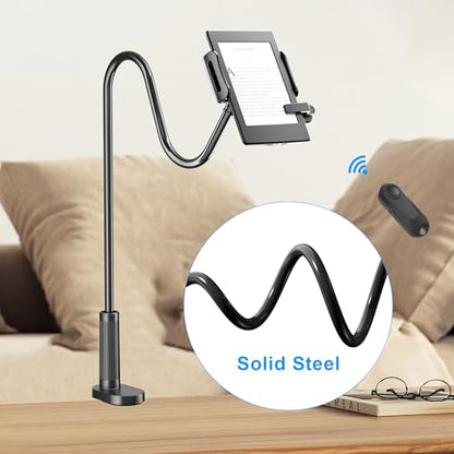 Kefotic Bedside Tablet Holder for Kindle Reading in Bed with Remote Page Turner, Hands Free Desk Gooseneck Stand for Kindle Accessories, Gifts for Readers