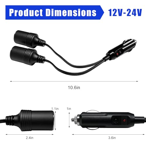 12V Car Cigarette Lighter Splitter, 1 to 2 Double Auto DC Power Supply Extension Cord with 10A Fuse, 18AWG Dual Cigarette Lighter Adapter for Cars Trucks SUVs Boats