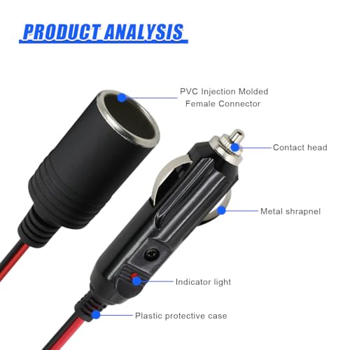 Craedli 1 to 2 Car Cigarette Lighter Splitter Adapter, 12V/24V 2-Way Splitter Automotive Power Charger Port Socket with On Off Switch, Cigarette Lighter Extension Cord with 15A Fuse (1to2) - size: 1to2