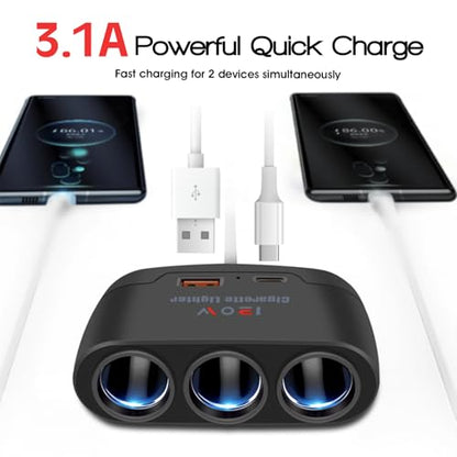 5 in 1 Cigarette Lighter Splitter, 3 Socket Car Charger Adapter + Type-C PD15W Charging + USB Charging Ports, Plug Outlet for All Car 12V/24V Devices