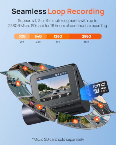 70mai Dash Cam Front and Rear - 2.5K+1080P Dual Dash Camera with HDR, Super Night Vision, F1.55 Aperture, 24H Parking Mode, Built-in Wi-Fi & GPS, G-Sensor, Loop Recording (A410)