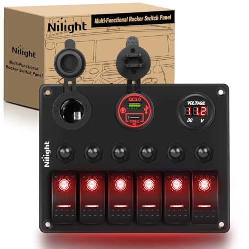 Nilight 6 Gang Rocker Switch Panel Waterproof Pre-Wired Red - color: Red, size: 6+3 Gang Type C +USB