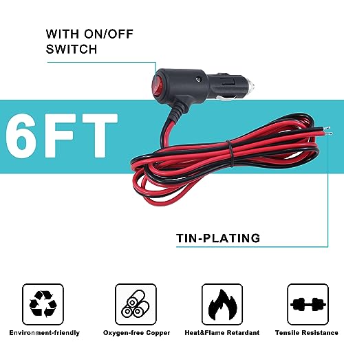 12V Cigarette Lighter Plug with On Off Switch - 6FT 16AWG Fused 15amp Male Plug Cigarette Lighter Replacement with Led Lights,12V Cigarette Lighter with Lead for Car Cooler,Cb Radio, Air Compressor - size: 6FT