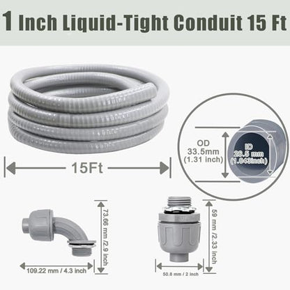 1 Inch 15 FT Non Metallic Liquid-Tight Conduit and Connector Kit - Includes 2 Straight and 2 Angle Fittings for Electrical Wiring - size: 1 Inch 15 Ft