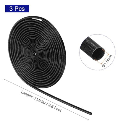MECCANIXITY 3Pcs Wire Insulation Braid Fire Sleeve,9.8Ft-1.5mm ID Black, High Temp Silicone Coated Fiberglass Sleeving for Automotive Hose Lines Electrical Wiring - color: Black, size: 9.8Ft-1.5mm