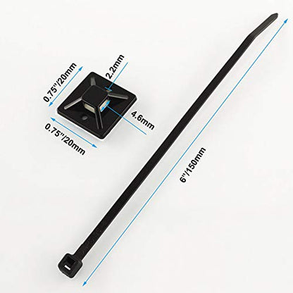 Strong Self Adhesive Wire Clips Cable Zip Tie Mounts 3/4" with 6 Inch Zipties Black UV Protection Outdoor 100 Pcs,Sticky Wire Fasteners Cable Guide Management Mounting Suqare Holder Anchor Base Small - size: 0.75x0.75"