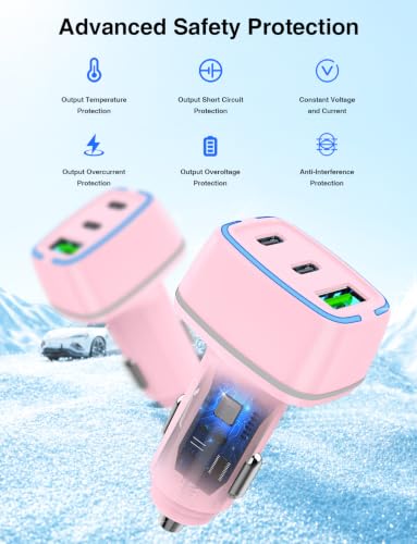 75W USB C Car Charger, 3-Port Super Fast Charging Cigarette Lighte - color: Pink, size: 3.3+6+6+6FT-C to C