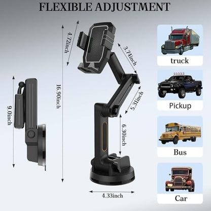 Yoidesu Phone Mount for Truck, 16.9 Inch Long Arm Mobile Device Holder for Dashboard Window with 360 Degree Rotation, Strong Suction Hold for Truck, Bus, SUV