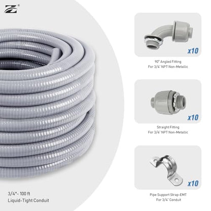 Z 3/4" Dia * 100 Feet Flexible PVC Conduit Kit with 31 Pieces, Including 10 Couplings, 10 Elbows, and 10 Straps, UV-Resistant, UL Listed (File E339276), Gray - style: 3/4" 100ft