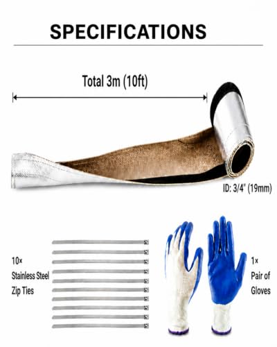 3/4" I.D. x 10FT Heat Shroud Sleeve, Aluminized Heat Shield Sleeve for Spark Plug Wires, Fuel Line and Automotive Hose Insulation, High-Temp Wire Loom Sheath with 10 Metal Zip Ties & Gloves - size: 3/4''I.D. - 10FT