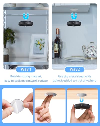 WILLED Puck Lights with Remote Control, Rechargeable Under Cabinet Lights, 1200mAh Battery Operated Tap Lights, Dimmable Push Lighting, Wireless Closet Light, LED USB Stick On Light (6 Pack) - color: Black, size: Warm White - Cool White