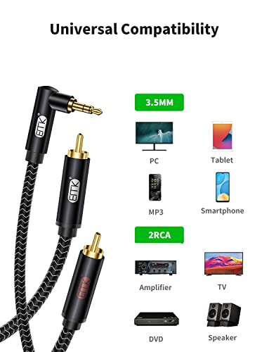 EMK 3.5mm to RCA Stereo Audio Cable - Gold Plated, 90°Aux Male to 2RCA Male, 10ft/3M - Compatible with Smartphones, MP4, Tablets, Speakers, Home Theater - color: 90° 3.5mm Male to 2 RCA Male, size: 10 Ft/3M, style: 3.5mm to 2RCA