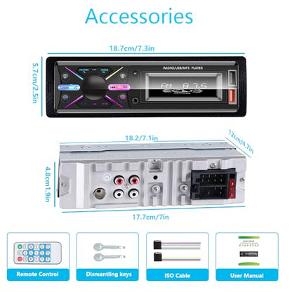 Single Din Car Stereo Bluetooth, Car Radio with Handsfree & App Control, 4X50W Support FM/USB/AUX/MP3/EQ, 7 Color LED | No CD/DVD Player
