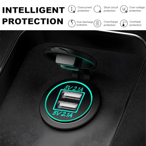 4.2A Dual USB Charger Socket, Waterproof Power Outlet 12V/24V 2.1A & 2.1A Quick Charge Socket, USB Charger Socket with Cap for Car Golf Cart Mobile RV ATV Truck Marine Boat (Green) - color: Green