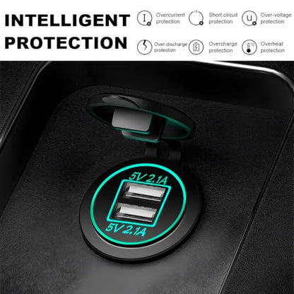 4.2A Dual USB Charger Socket, Waterproof Power Outlet 12V/24V 2.1A & 2.1A Quick Charge Socket, USB Charger Socket with Cap for Car Golf Cart Mobile RV ATV Truck Marine Boat (Green) - color: Green