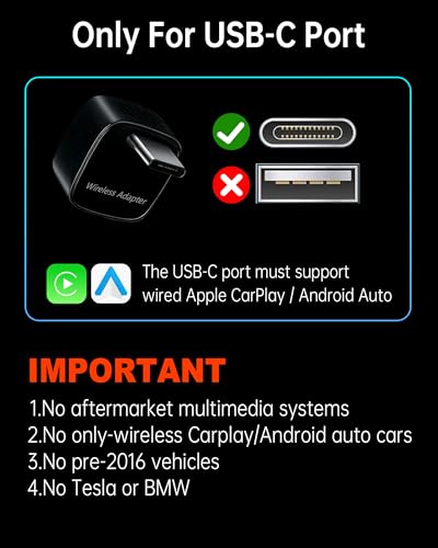 Wireless CarPlay & Android Auto Adapter USB-C Only for USB-C Vehicles - color: black