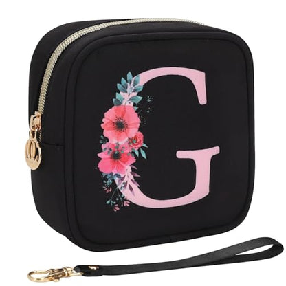 Relavel Initial Mini Makeup Bag for Girls, Small Makeup Bag for Purse with Zipper ＆ Removable Handle, Portable Makeup Pouch Lipstick Skincare Bag, Small Gift Cosmetic Bags for Women Girls(Black G) - size: A-Small, style: G