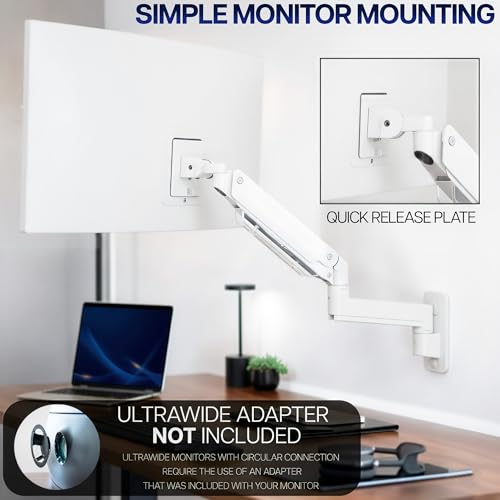 VIVO Premium Aluminum Heavy Duty Monitor Arm for Ultrawide Screens up to 49 inches and 44 lbs, Single Wall Mount, Pneumatic Height, Max VESA 100x100, White, MOUNT-V101G1W - color: White