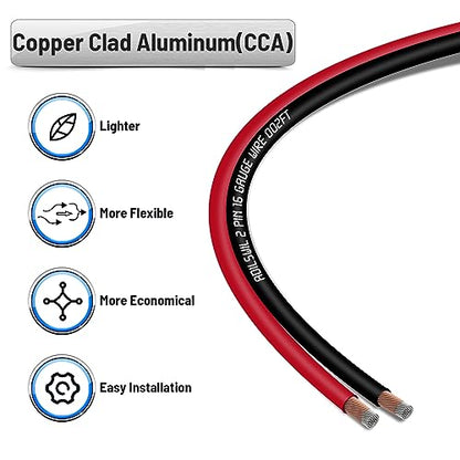 16AWG 50FT Speaker Wire, 2 Conductors Electrical Red Black Cable Hookup LED Lighting Strips Flexible Wire Extension Cord 16 Gauge Copper Clad Aluminum Copper Wire 12V/24V DC Cable - size: 16AWG 50FT CCA