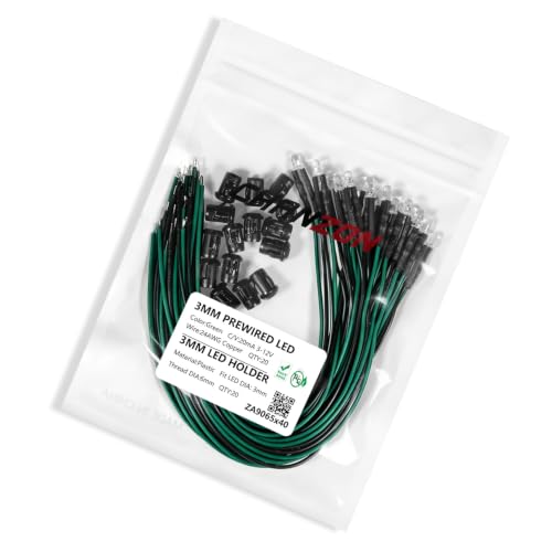 Chanzon 20pcs Pre-Wired 3mm LED Lights with Resistor + 20pcs LED Holders - color: Green, size: 3mm