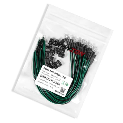 Chanzon 20pcs Pre-Wired 3mm LED Lights with Resistor + 20pcs LED Holders - color: Green, size: 3mm