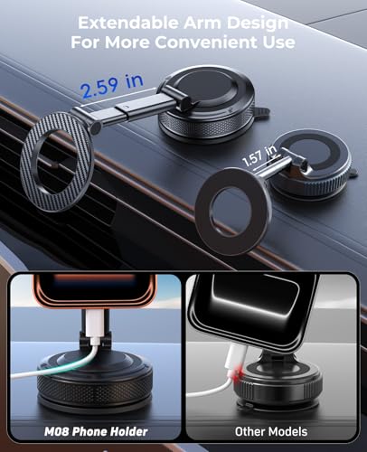Car Phone Mount for Your Car, Magnetic Phone Holder for Car with Extendable Arm, Foldable Dashboard Phone Mount Designed for Larger Phones Compatible with iPhone 17/16/15/14/13/12