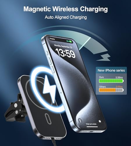 Mukiya for MagSafe Car Mount Charger with Adapter, 360° Rotation Magnetic Wireless iPhone Car Charger for Air Vent, Compatible with iPhone 17/16/15/14/13/12 Series, Gifts for Husband/Men - color: Black