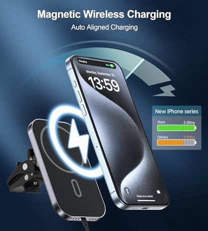 Mukiya for MagSafe Car Mount Charger with Adapter, 360° Rotation Magnetic Wireless iPhone Car Charger for Air Vent, Compatible with iPhone 17/16/15/14/13/12 Series, Gifts for Husband/Men - color: Black