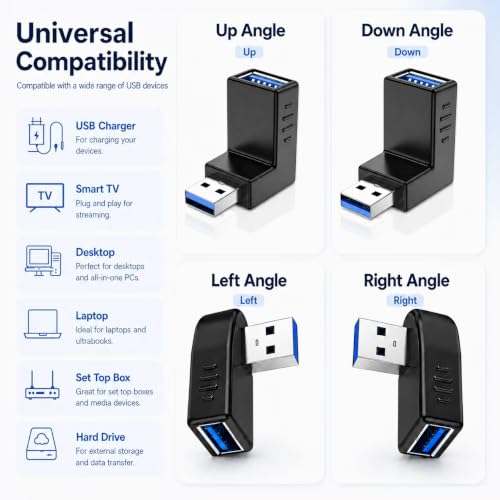 USB 3.0 Adapter Kit 90 Degree Up Down Left Right Angle Female Coupler 5Pcs - style: usb adapter up down left right coupler