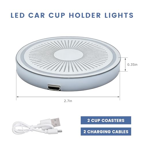 2 PCS LED Car Cup Holder Lights, 7 Colors Changing Waterproof Cup Pad with Vibration Sensor, USB Charging Intelligent Drink Coaster Interior Atmosphere Lamp for Car SUV Truck