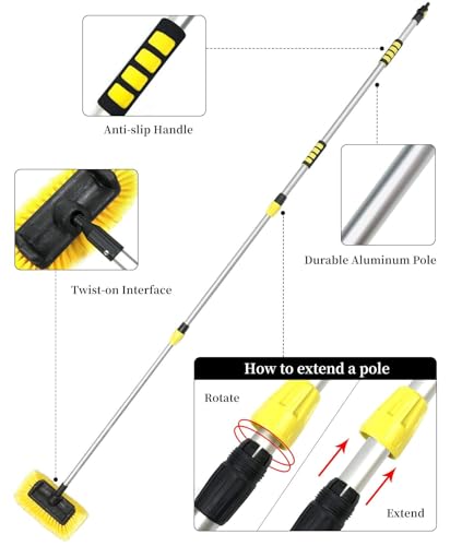 Buyplus 5-12 Foot (20 ft Reach) Car Wash Brush with 12-Inch Soft Bristle, On/Off Switch Telescopic Car Truck Boat Washing Brush with Hose Attachment for Cleaning RVs, House Siding, Floors and More!