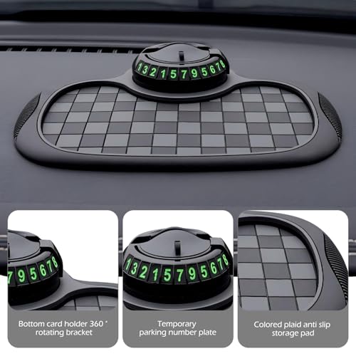 SLIMI 1 PC Multifunction Car Anti-slip Mat, Car Dashboard Phone Holder, Anti-slip Rubber Organizer Pad with Temporary Parking Numbe, Universal Dashboard Accessories, for Most Cars (Black #02)