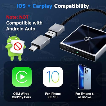 Wireless CarPlay Adapter for iPhone, Super mini Compact 2-in-1 Dongle for Apple iOS 10+, Convert Wired to Wireless CarPlay, Instant Connectivity, Fit for Cars from 2016 with Built-in CarPlay