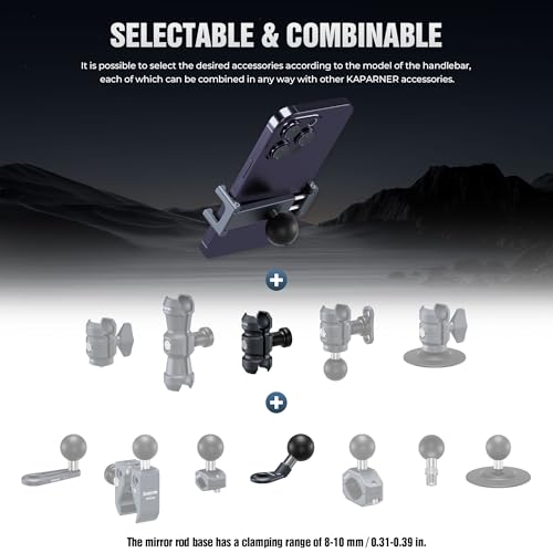 Motorcycle Phone Clip Kit, for 8-10mm Screw/Mirror Install, Anti-Theft Double Socket Arm/25mm Ball Top and Base, Suitable for Width of 2.56-3.74" Phone (KPS-04)