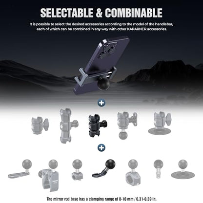 Motorcycle Phone Clip Kit, for 8-10mm Screw/Mirror Install, Anti-Theft Double Socket Arm/25mm Ball Top and Base, Suitable for Width of 2.56-3.74" Phone (KPS-04)