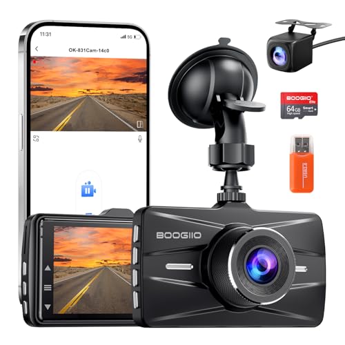 BOOGIIO Dash Cam Front and Rear with 64GB SD Card, 4K Dash Camera for Cars with APP, 5G WiFi Car Camera, Built-in G-Sensor, 170° Wide Angle, Night Vision, 24H Parking Mode,Loop Recording,3" IPS Screen - size: 4K
